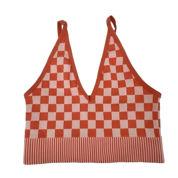 Orange Checkered Crop V-Neck Tank Top Size Small Women’s - Picture 1 of 4